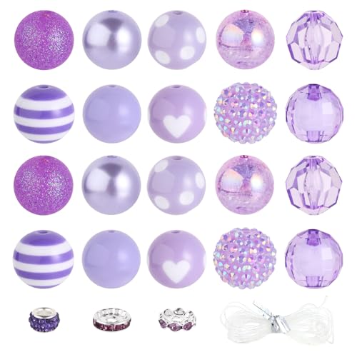 35 Pcs Chunky Bubblegum Beads 20mm Focal Pen Large Rhinestone Pearl Bead with Rhinestone Large Hole European Spacer Bead for DIY Beadable Pen Jewelry Making Keychain Craft Making(Purple) - color: Purple