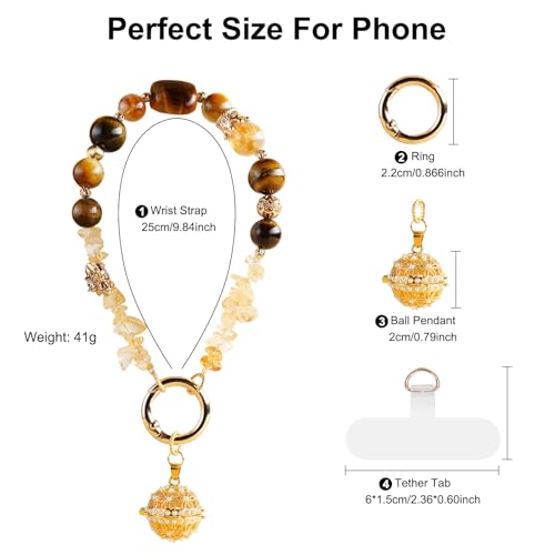 TEAMOLA Natural Stone Phone Charm, Handmade Crystal Cellphone Chain for Universal, Beaded Healing Anti Theft Phone Wrist Strap with Tether Tab, Citrine & Tiger's Eye & Aromatic Ball Pendant - color: Gold & Yellow & Black