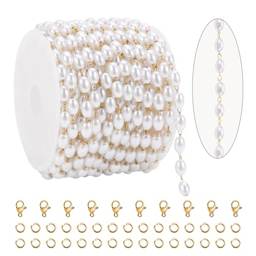 KYUNHOO Dainty Rosary Beaded Chains for Jewelry Making 5 Meters Faux Pearl Decoration Stainless Steel Gold Chain Links with Jewelry Connectors for DIY - color: Pearl Bead Gold