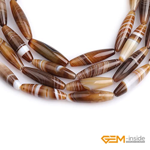 GEM-Inside 8x30mm Natural Brown Botswana Onyx Agate Stone Semi Precious Rice Olive Oval Chakras Beads for Jewelry Making DIY Handmade Craft Supplies 15" - size: Brown-8x30mm