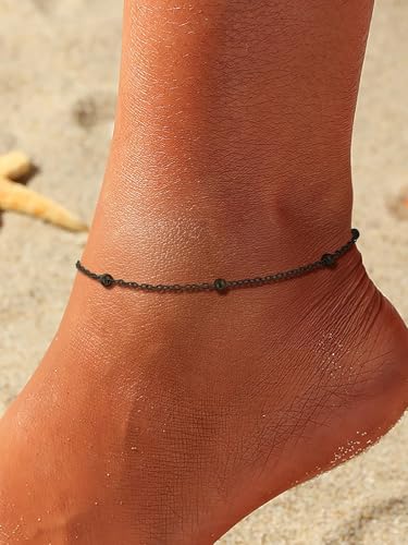 U7 Women Girls Barefoot Jewelry 18K Gold or Rose Gold Stainless Steel Heart/Rope/Figaro/Cuban Chain Anklet Foot Bracelet, 25-30 CM Long - color: Black-Bead Chain