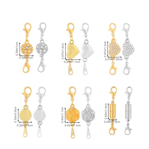 12pcs Magnetic Jewelry Clasp, 6 Styles Premium Magnetic Necklace Extenders with Double Lobster Clasps Jewelry Closures for Necklaces Bracelets (Silver, Gold-Colored)