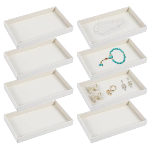Abeillo 8Pcs Velvet Stackable Jewelry Trays Jewelry Organizer for Drawer, Jewelry Display Storage Tray for Earring Ring Necklace Pendants Bracelet 8.3 x 4.9 x 1 inches(Beige)