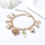 SILANER Gold Chain Link Bracelet - 7"+ 2" Extender 14K Gold Plated Love Locked Bracelets for Women, with Crystal, Love Heart,Key, Lock, Charm Bracelet - color: Multicolor Crystal Love Locked Gold Charm
