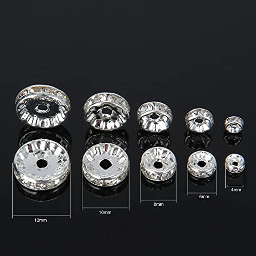 Weebee 100Pcs Rondelle Spacer Beads Crystal Charms Silver Plated Czech Rhinestone Loose Beads for Jewelry Making DIY Bracelets (Ab Crystal, 6mm) - color: Ab Crystal, size: 6mm