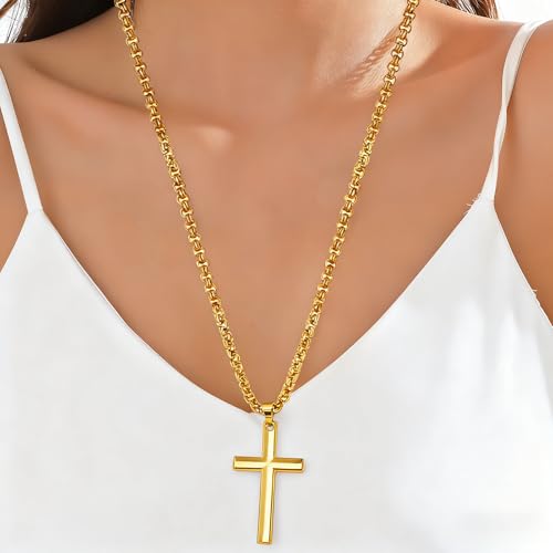 Cross Necklace for Men Silver Premium Alloy Solid Color Cross Pendant Necklace for Men Women Teens - color: Gold-Stainless Steel-28inch