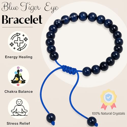 Amazing Gemstone Blue Tiger Eye Bracelet for Women Men's Gifts - Protection Healing Crystal Bracelet - 8mm Gemstone Beaded Adjustable Bracelet Pulseras Para Hombres Mujer Stocking Stuffers - color: Blue Tiger Eye