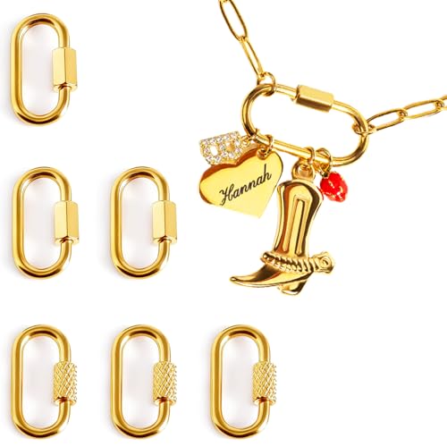Stainless Steel Screw Carabiner Lock Charms, 18K Gold Plated, 6 Pieces, Jewelry Making Connectors, 0.83 x 0.43 Inch, Necklace Charm Holder Clasps (6)