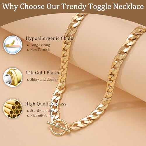 CHESKY 14K Gold Plated Chunky Necklace for Women, Trendy Paperclip Chain Necklace Thick Cross Heart Pendant Necklace Layered Herringbone Cuban Link Chain Toggle Necklaces Non Tarnish Jewelry - color: gold, style: cuban