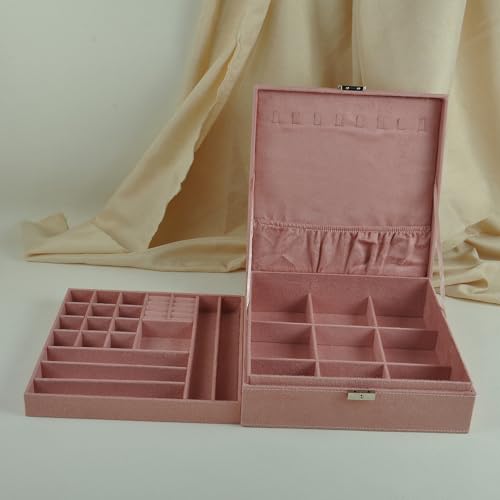Jewelry Boxes 10 x 10 Inches 2-layer Handle Necklace Holder Organizer Jewellery Women Rings Storage Display Girls Earrings Case Lockable Jewelry Tray GY641 (Pink) - color: Pink