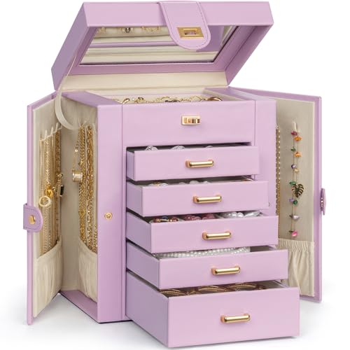 AKOZLIN Jewelry Box Organizer Functional Leather Jewelry Storage Case for Women Girls Ring Necklace Earring Bracelet Holder Organizer with Mirror - color: Light Purple, size: Regular