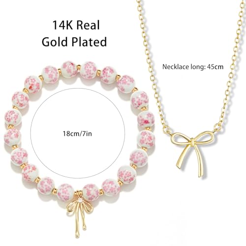 Bow Bracelet Necklace Set 14K Gold Beaded Bracelet Dainty Bow Pendant Choker Jewelry Gift Set - color: Pink