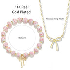 Bow Bracelet Necklace Set 14K Gold Beaded Bracelet Dainty Bow Pendant Choker Jewelry Gift Set - color: Pink