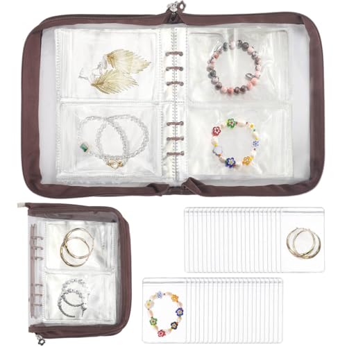 Jewelry Organizer Case Travel Jewelry Storage Book Clear Jewelry Earring Organizer Transparent Jewelry Organizers and Storage (Dark Brown,With 52 PCS Bracelet Pouches) - color: Dark Brown,With 48 PCS Bracelet Pouches
