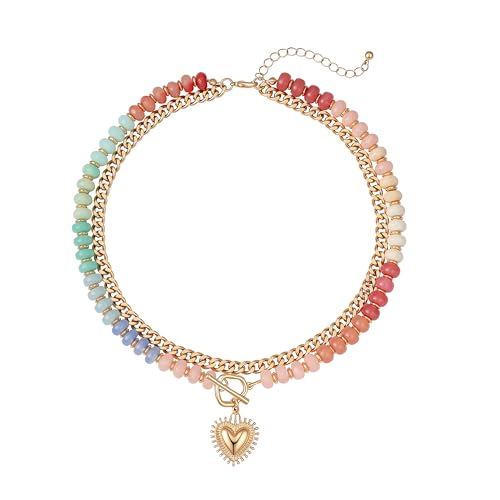 Layered Necklaces for Women, 14K Gold Plated Heart Pendant & Colorful Acrylic Beaded Choker, Cute Trendy Jewelry, Anti-Tangle Single Clasp Design, Summer Beach Boho Necklace for Women