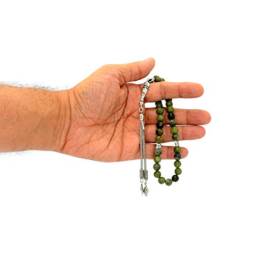 Simple Designed Natural Stone Worry Beads (8mm -33 Beads) - Prayer Beads Tesbih-Tasbih-Tasbeeh-Misbaha-Subha-Sebha-Sibha-Rosary (Green Jade Stone) - color: Green Jade Stone
