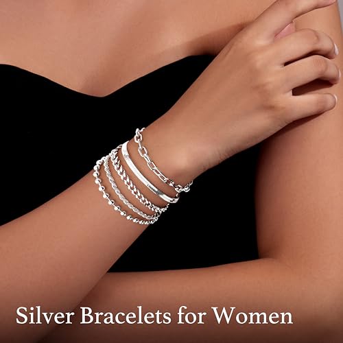 Gold Bracelets Set for Women Stack, Chunky Thick Bracelets Stack for Women Trendy, Simple Dainty Thin Gold Plated Cuff Stackable Bracelets With Beaded Cuban Paperclip Snake Rope Bangle Hand Chain Jewelry - style: Style 05-silver