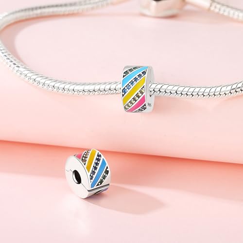 Spacer Stopper Beads for Bracelets & Necklaces, 925 Sterling Silver Beads | Smooth & Pave Cubic Zirconia (White, Blue, 18K Gold Plated) | Anti-Slide Separator Charms S925 Women Jewelry - color: Rainbow-Bead Charms