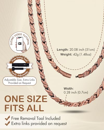Feraco Copper Necklace for Men Women, 99.99% Pure Copper Magnetic Chains with 3500 Gauss Ultra Strength Neodymium Magnets, Adjustable Jewelry Gift with Sizing Tool - style: Fishtail