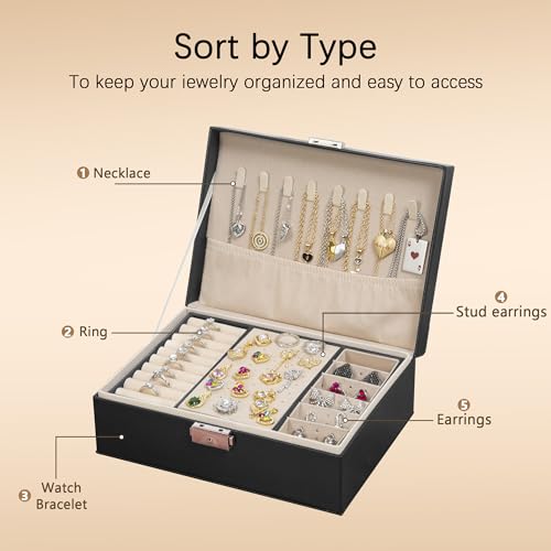 Homeanda Jewelry box 2 layer Jewelry box Leather Jewelry boxes for Women Girls Teens Jewelry organizer box Jewelry Storage box with lock(Black) - color: Black