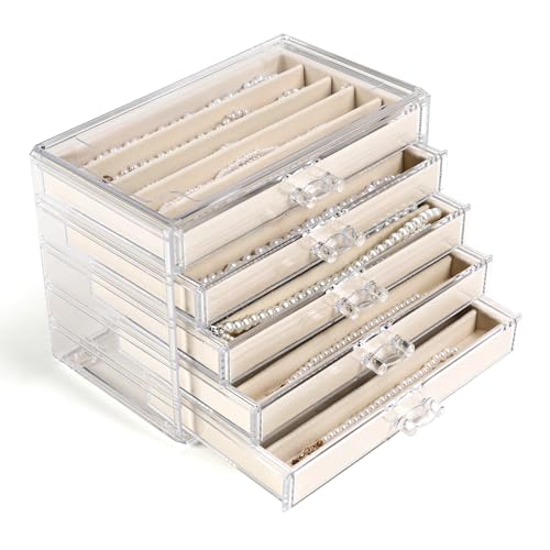 5 Drawers Necklace Organizer Storage, Tray with Clear Lid, Dustproof Velvet Necklaces Holder Storage Display Case, Necklace Tray Drawer Insert for Pendant Suitable for Women and Girls (25 grids) - color: BEIGE-5Layer