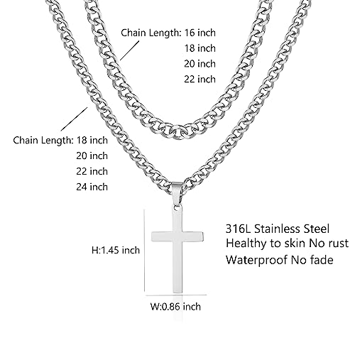 SENRAN Layered Cross Necklace for Men Boys Stainless Steel Layered Cuban Link Chain 16-24 inch Christian Cross Pendant Religious Jewelry Gifts - color: Silver, style: 20inch/22inch