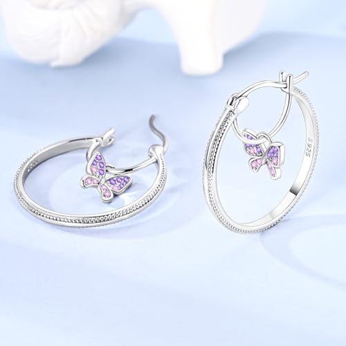 LAZA 925 Sterling Silver Hoop Earrings for Women, Sterling Silver Butterfly Hoops Colorful Flowers Hoop Huggie Earrings Hypoallergenic Jewelry Gifts for Women - color: Purple Butterfly Earring