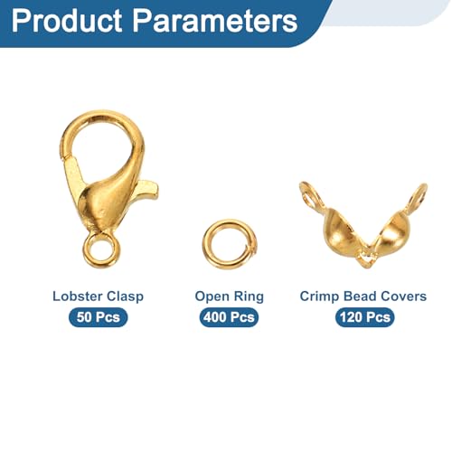 uxcell 570Pcs Jewelry Making Accessories Set with 50Pcs Lobster Claw Clasps, 400Pcs Open Rings, 120Pcs Crimp Bead Covers for Jewelry Making, Gold - color: Gold