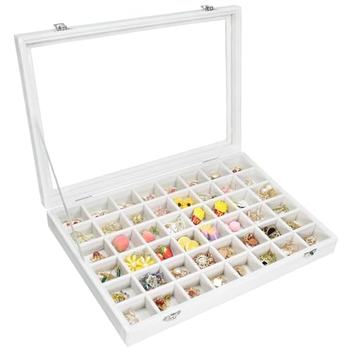 Vicoter Velvet Jewelry Tray 48 Compartments Jewelry Display Organizer with Transparent Cover Rings, Earrings, Necklaces, Pendants Storage Box for Girls, Wives, Mothers, Women - color: Ivory, size: 48 Grid