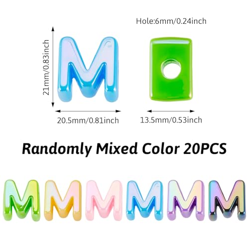 Beadthoven 20pcs Big Letter M Beads Large Hole Bubble Alphabet Acrylic Beads Charm Iridescent Plastic M Shape Loose Chunky Spacers for Jewelry Making Bracelet Necklace Keychains Shoelaces Crafts - color: M