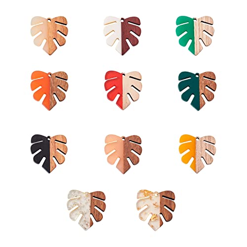 Beadthoven 22pcs/11 Pairs Natural Wood Resin Charms Monstera Leaf DIY Earrings Pendants Mixed Colors Tropical Palm Leaves Wooden Pieces Pendants for Statement Jewelry Making Findings - color: Monstera Leaf