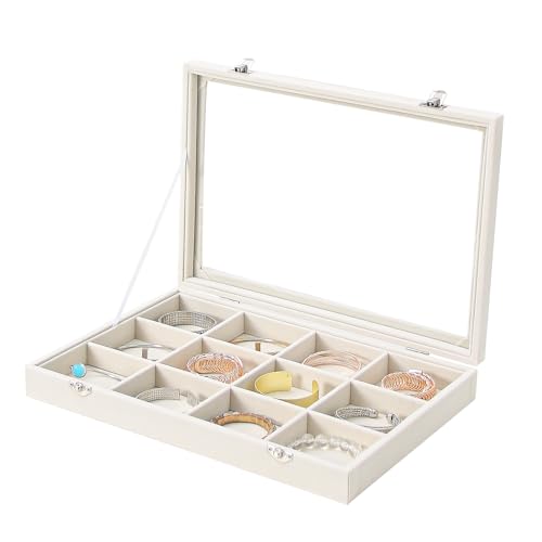 Coward Jewelry Organizer Box, Beige Velvet 12 Grids Bracelet Bangle Necklace Jewelry Display Tray Case with Transparent Glass Lid for Home Drawer Desk or Store Selling Show - color: Beige Velvet, size: 12Grids Box