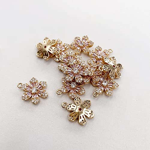 Crystal Zirconia Gold Plated Brass Charms for Jewelry Making Bracelet Necklace Earring Pendant Craft Supplies DIY Accessories - color: FlowerB-Pink-6Pcs