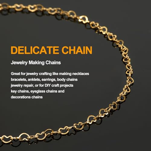 KYUNHOO 16.4 Feet Hollow Heart Chain Links on Roll Gold Plated Stainless Steel Chains Bulk for Jewelry Making with Lobster Clasps Jump Rings Jewelry Connectors - color: Heart Gold