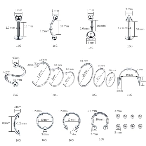 TKKUY 94PCS Mixed-pack Piercing Kits for All Body Piercings Stainless Steel 14G 16G 20G Jewelry and Needle with Tools Nose Septum Lip Ear Belly Button Cartilage Tragus