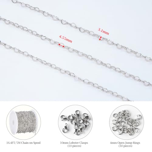 KYUNHOO 16.4FT/5M Stainless Steel Silver Chains for Crafts DIY Supply Jewelry Findings Hollow Heart Chain for Jewelry Making with Lobster Clasps Jump Rings - color: Heart Silver