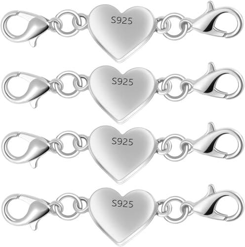 925 Silver Heart-Shaped Magnetic Necklace Clasps and Closures, Magnetic Clasp Converter for Jewelry Making Supplies,Chain Extender Connector for Necklace Bracelet (4pcs Silvery) - color: 4pcs silvery