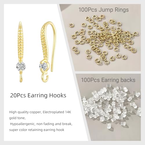 14K Gold Plated Cubic Zirconia Earring Hooks 220PCS Earring Findings for Jewelry Making Hypoallergenic Fish Hooks for DIY Earrings - color: 14K Gold-Small Cubic Zirconia Earring Hooks