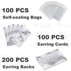 Earring Cards, Set Jewelry Making Supplies with 100 Pcs Earring Holder Cards 200 Pcs Earring Backs and 100 Jewelry Packaging for Earrings Necklace Jewelry Display, Bags 3.5x2.4 Inches (Marble White) - color: White Marble Pattern
