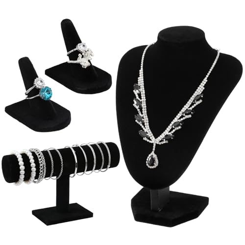 4 Pcs Velvet Jewelry Display Set Velvet Necklace Bust Holder Bracelet Organizer Ring Finger Jewelry Holder Organizer for Vendors Selling Trade Show Retail Home Decor (Black)