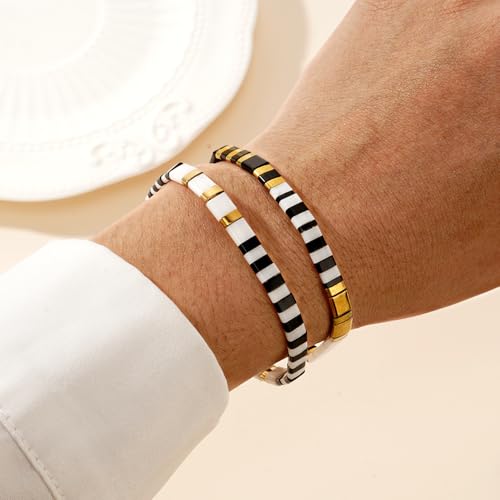 Tila Flat Beaded Bracelet for Women,Bohemian Colorful Stretch Square Glass Bead Elastic Layred Bracelet Stack, Handmade Boho Trendy Holiday Jewelry Accessories Friendship Gift - color: Black White