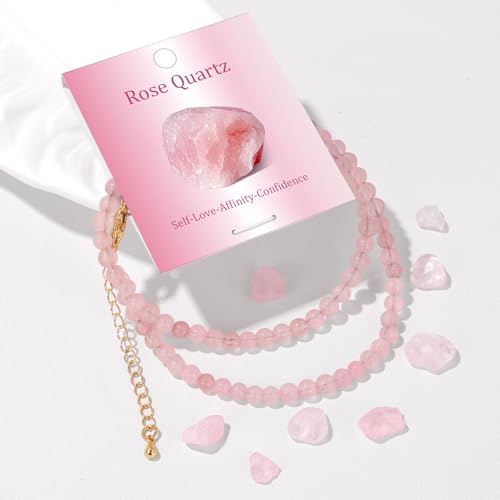 Crystal Choker Necklaces for Women,4mm Handmade Natural Stone Choker Beaded Necklace Healing Crystal Necklace Gemstone Bead Necklaces for Women - color: Rose Quartz