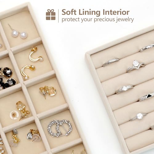 Set of 4 Stackable Jewelry Organizer Trays, Jewelry Drawer Organizer Inserts with Removable Dividers, Jewelry Display Tray Storage for Earring Ring Necklace Bracelet (Beige)