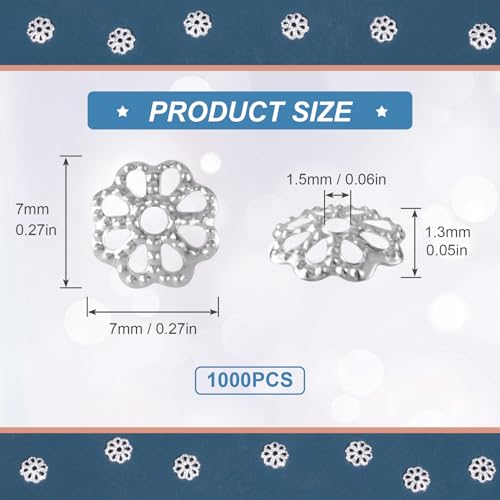 ANCIRS 1000pcs 7mm Spacer Beads Caps for Jewelry Making, Metal Hollow Flower Bead Caps for Bracelet Necklace- Silver - color: Silver-1000pcs-7mm