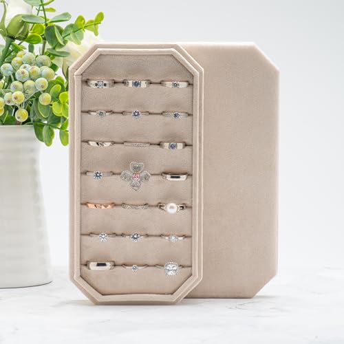 Velvet Ring Organizer Display Tray Jewelry Box Earring Holder Case for Wedding Birthday Christmas Day (Beige) - color: Beige