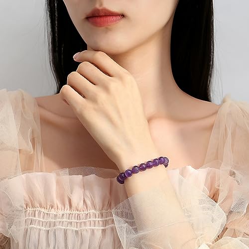 MAIBAOTA Healing Crystal Bracelet for Women Men, 8/4 mm Natural Stone Beaded Bracelets, Jewelry Birthday Gifts, Round Gemstones Stretch Bracelets - color: Purple-Amethyst, size: 8 mm
