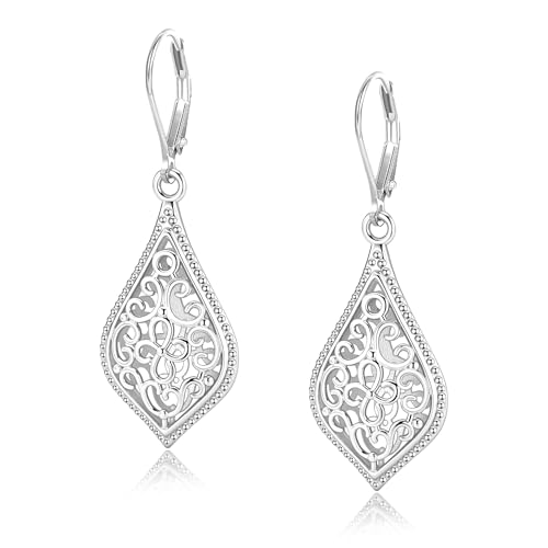 925 Sterling Silver Dangle Earrings for Women, 14K Gold Plated Filigree Dangling Leverback Earrings, Geometric Hypoallergenic Lightweight Dangly Drop Earings for Women Trendy Jewelry Gifts - color: C-Silver