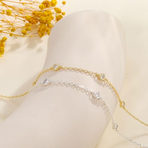 KOHOTA Silver Gold Bracelets for Women Trendy 14K Gold Plated Bracelet for Women Non Tarnish Dainty Stackable Clover Flower Heart Butterfly Diamond CZ Charm Station Bracelets Stack Jewelry Gifts - color: D: Diamond Station-Silver