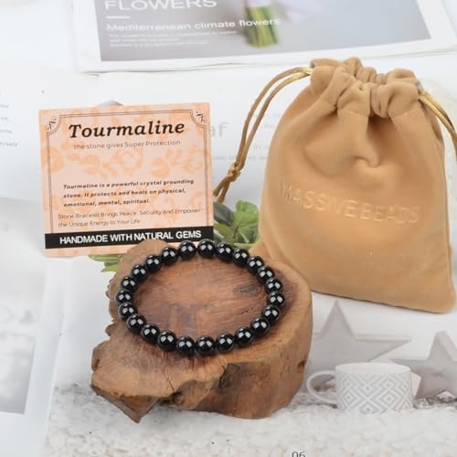 MASSIVE BEADS Handmade Yoga Stretch Elastic Bracelet Natural Stone Crystal Healing Power Energy Gifts for Unisex Adult 4mm 6mm 8mm 10mm - color: Black Tourmaline(Super Protection), size: 8mm