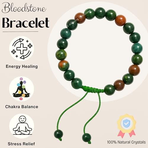Amazing Gemstone Bloodstone Bracelet for Women Men's Gifts - Protection Healing Crystal Bracelet - 8mm Gemstone Beaded Adjustable Bracelet Pulseras Para Hombres Mujer Stocking Stuffers - color: Bloodstone